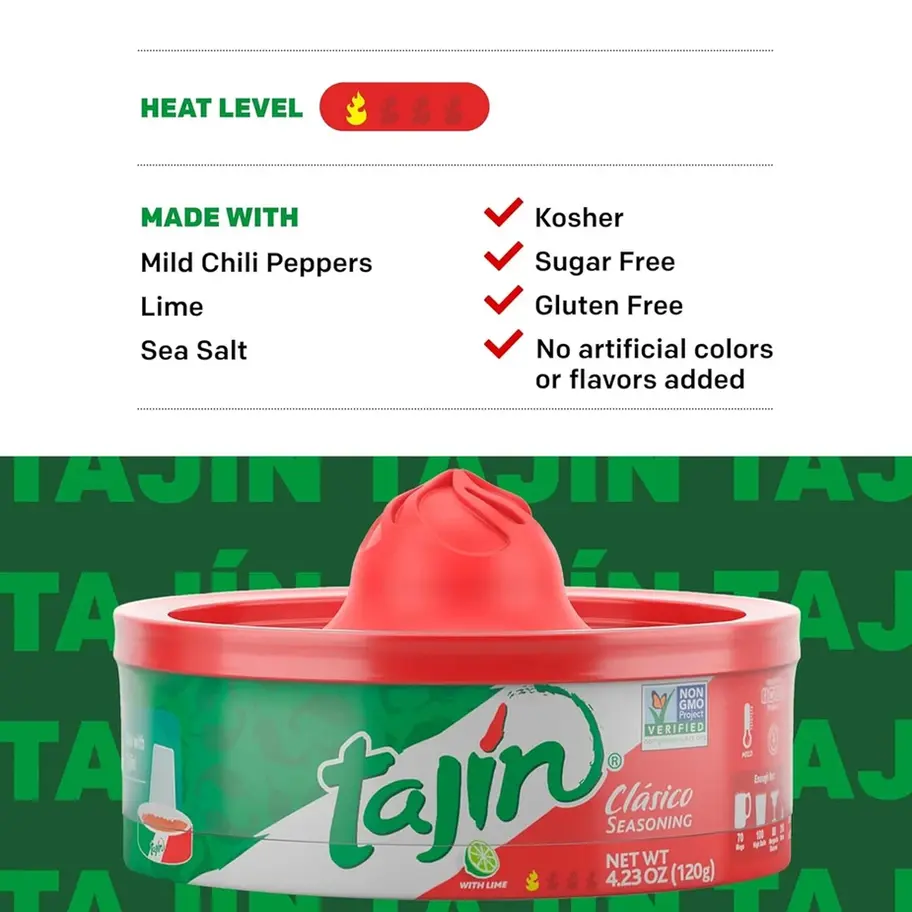 Tajin Clasico Seasoning Rimmer 4.23 OZ (120G) – chili-lime seasoning for cocktails, mocktails, and snacks.