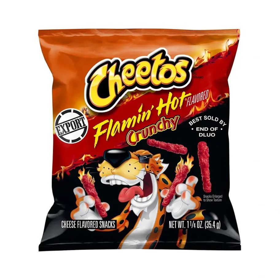 Cheetos Crunchy Flamin' Hot 1.25 OZ – bold and spicy cheese curls with intense heat and crunch.