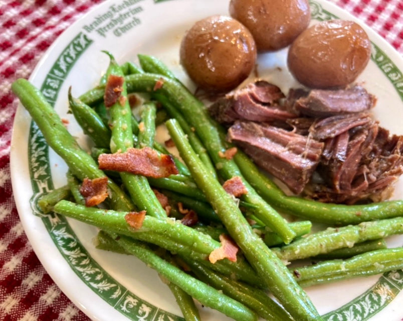 Country Style Green Beans served beside our farm grown beef roast & garden potatoes.