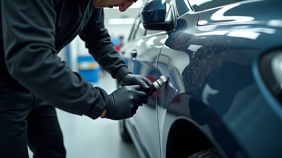 High angle view of a technician applying ceramic coating to a car door