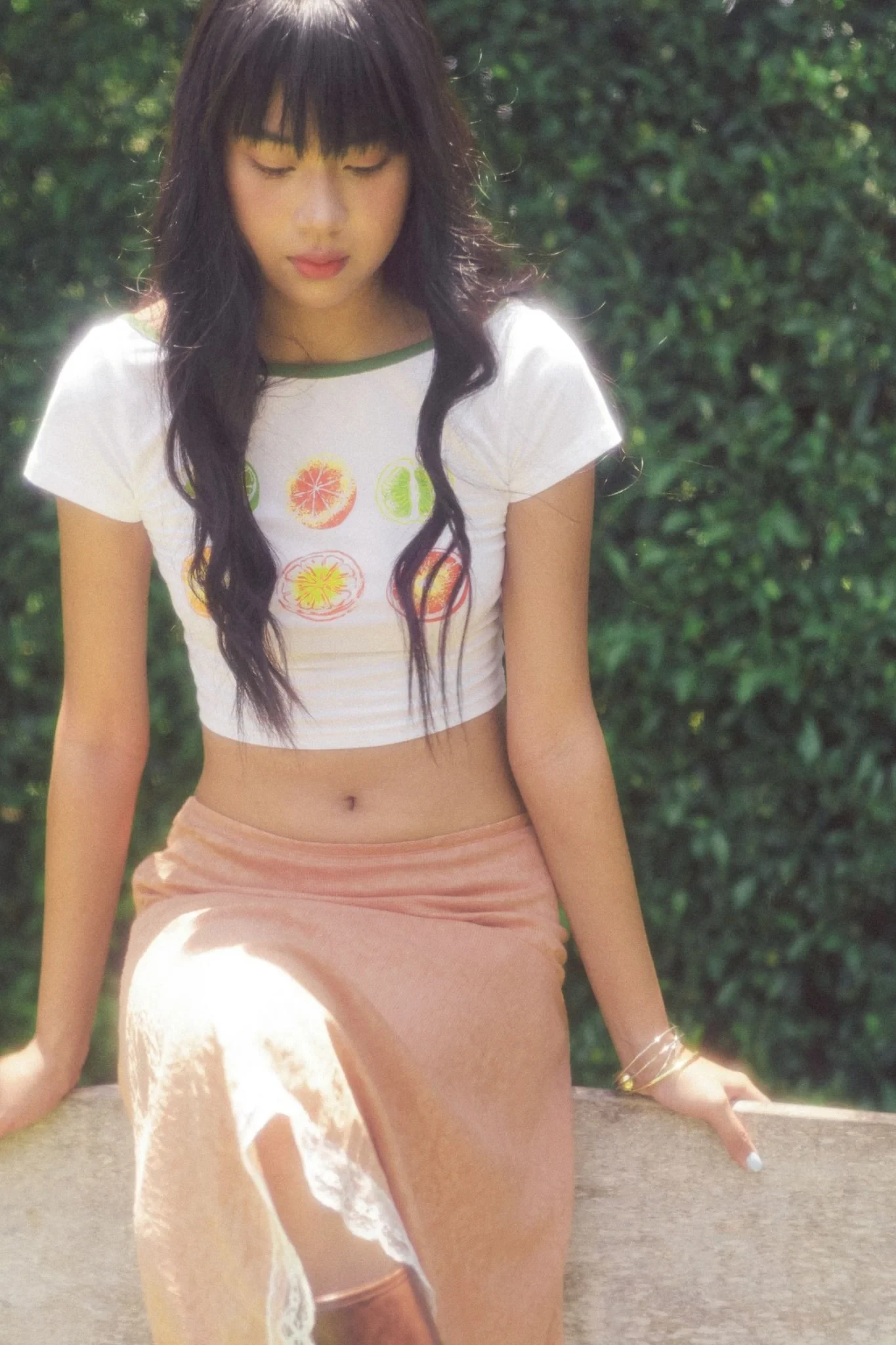 White Tropical Fruits Printed Green Collar Crop Top