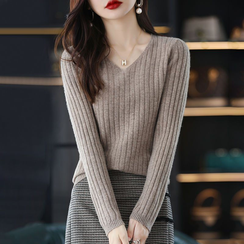Thumbnail: Women Sweater Long Sleeve Top Knitted Pullover V-Neck Fashion Sweater Woman Wint