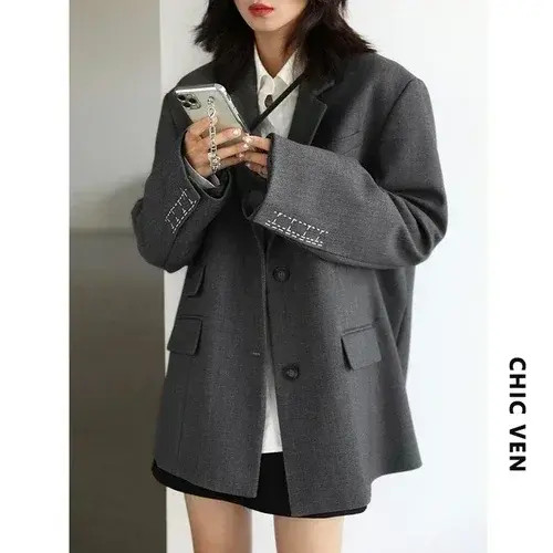 Thumbnail: CHICVEN  Women Office Lady Blazer Cuff Embroidery Wide Shoulder Twill Suit Women