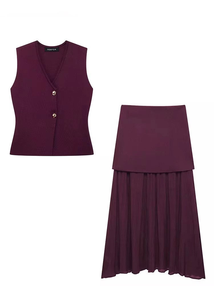 Thumbnail: HH 2025 Women Skirt Set Wine Red Knitted V-Neck Sleeveless Slim Vest +Solid High