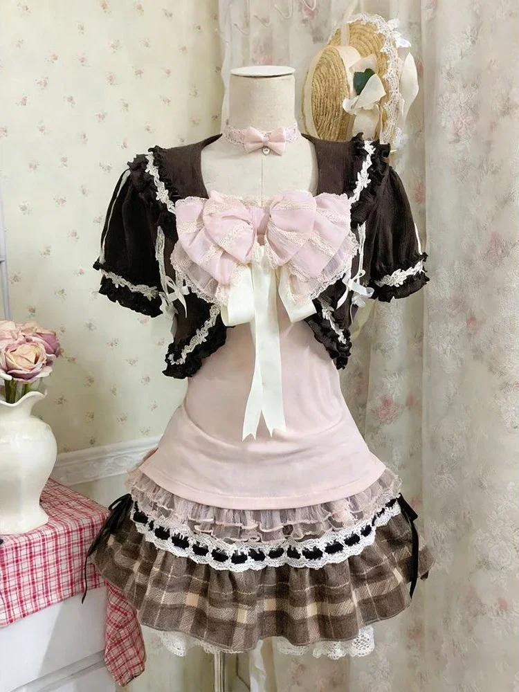 Thumbnail: Sweet Lolita Vintage Suits Women Ruffles Cardigan + Sexy Y2k Corset Vest + Mini 