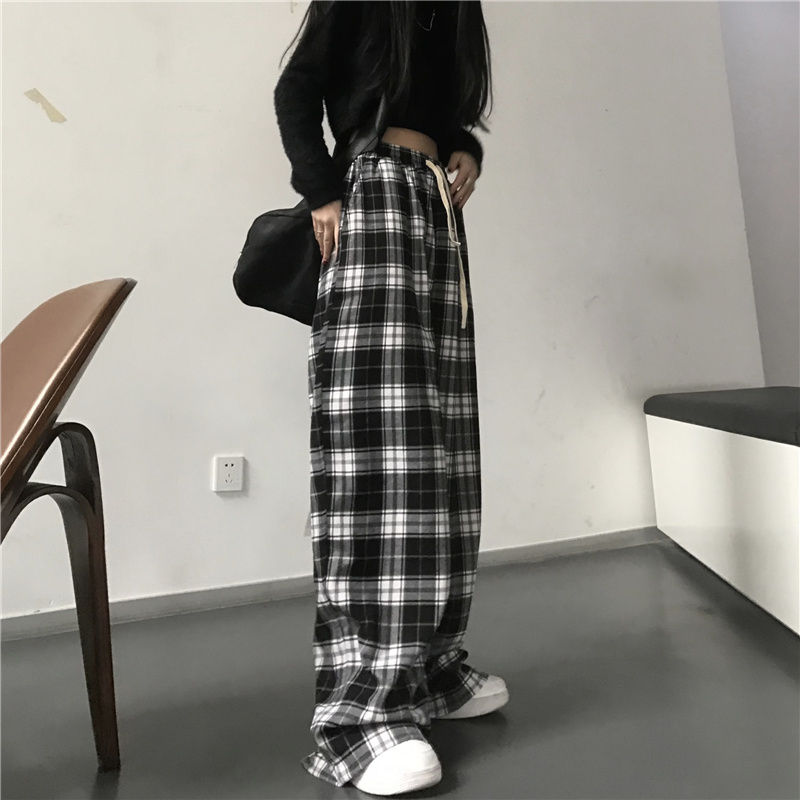 Thumbnail: Oversize Women Sweatpants Fashion Black Plaid Casual Pants Baggy Elastic Waist P