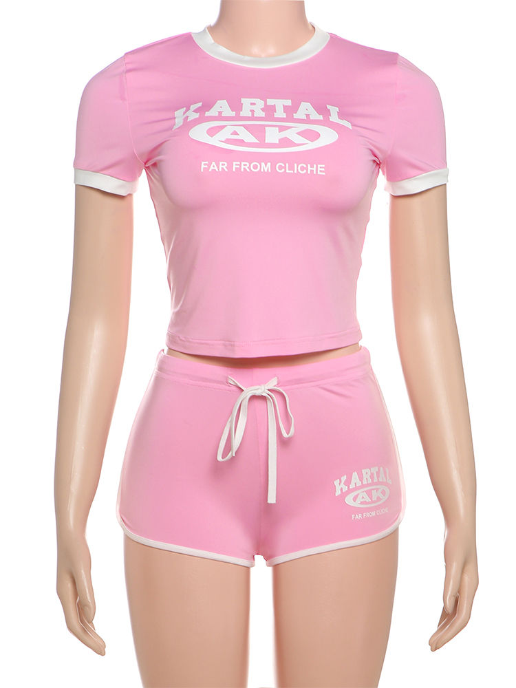 Thumbnail: Nibber Tracksuit Letter Print 2 piece Set Women Activity Shorts Sleeve Crop Tops