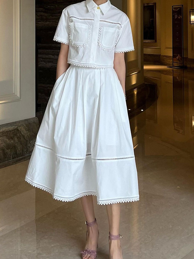 Thumbnail: GALCAUR Elegant Two Piece Sets For Women Lapel Short Sleeve Tops High Waist A Li