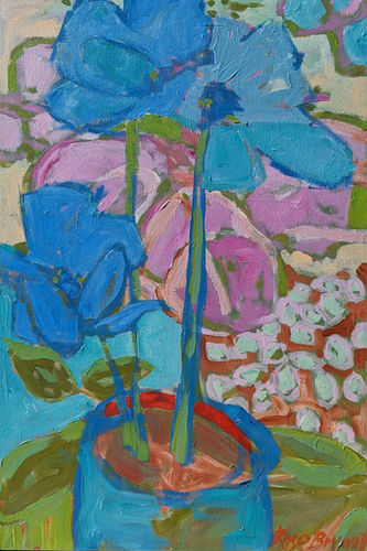 large abstract painting of blue flower in a pot on a table