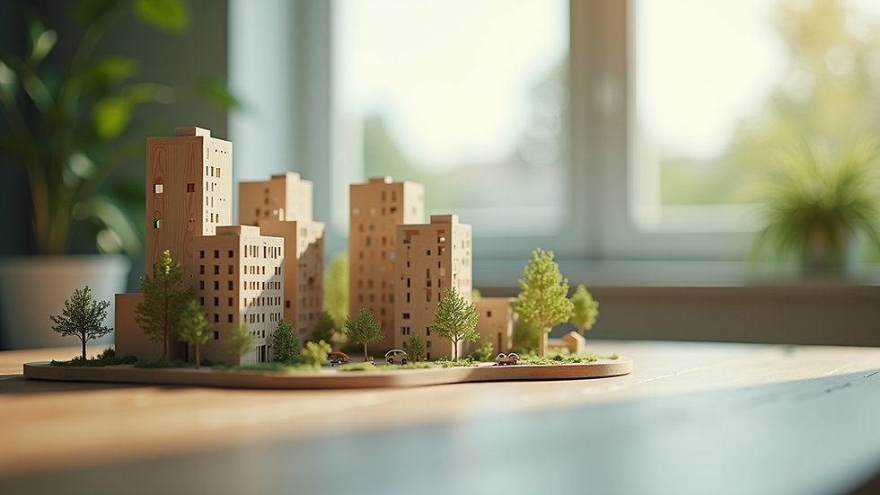 Close-up view of a sustainable urban development model on a table