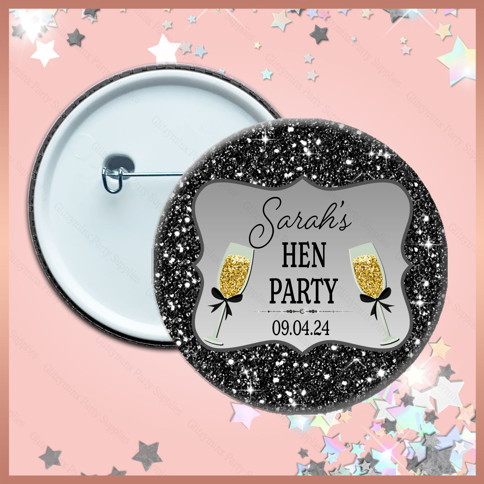 1 x Personalised Glitter Effect Pin Badge - Birthday Hen Party