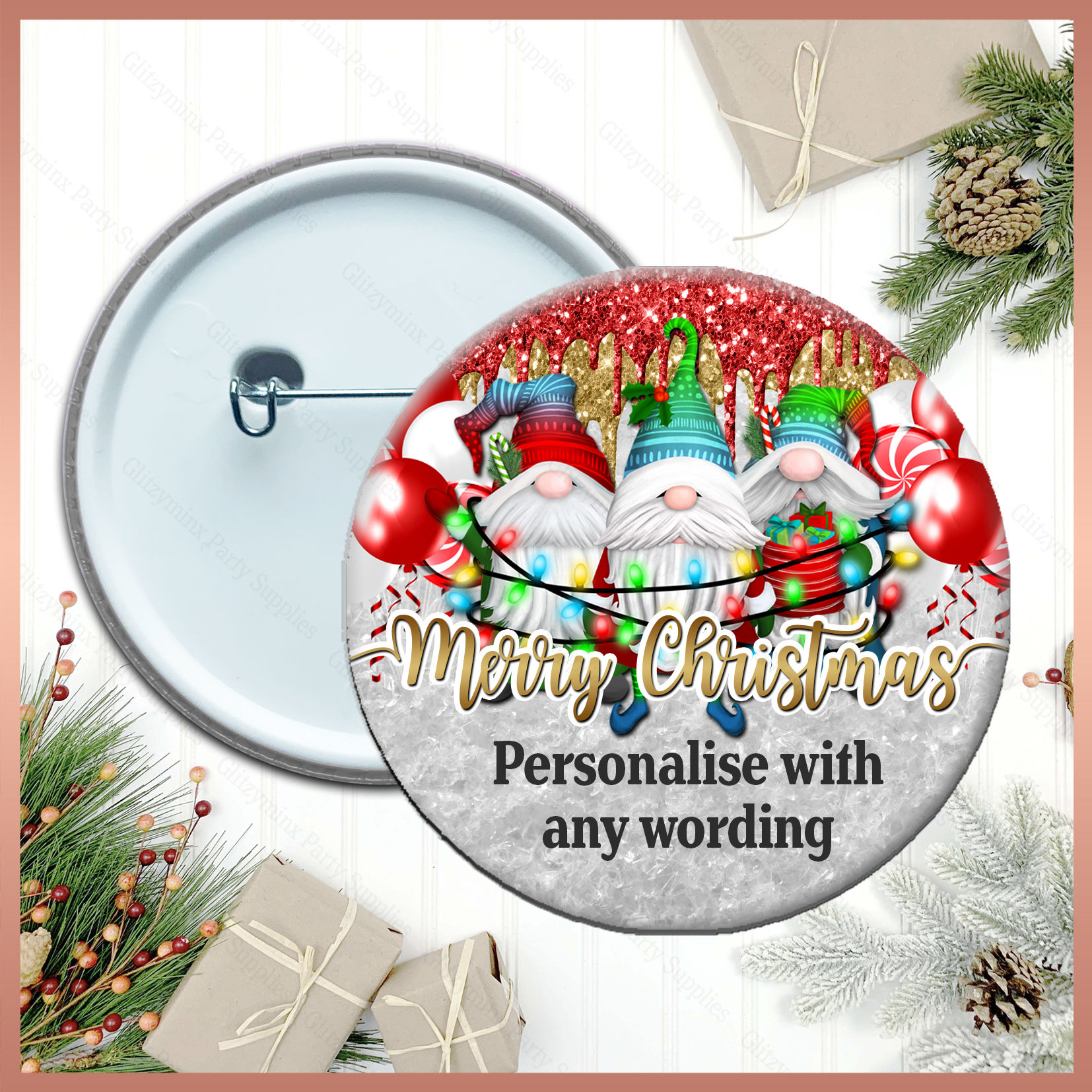 1 x Personalised Pin Badge - Gnomes Gonk - Christmas Name Badge