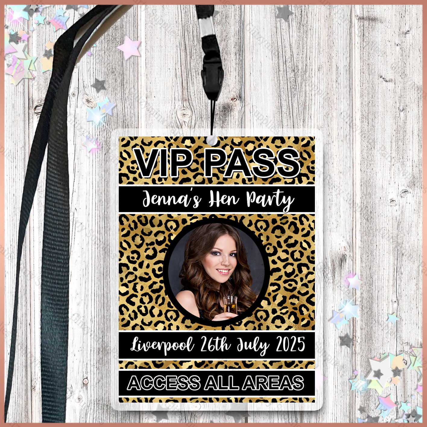 1 x Personalised Photo Lanyard Pass, Leopard Print, Hen Party