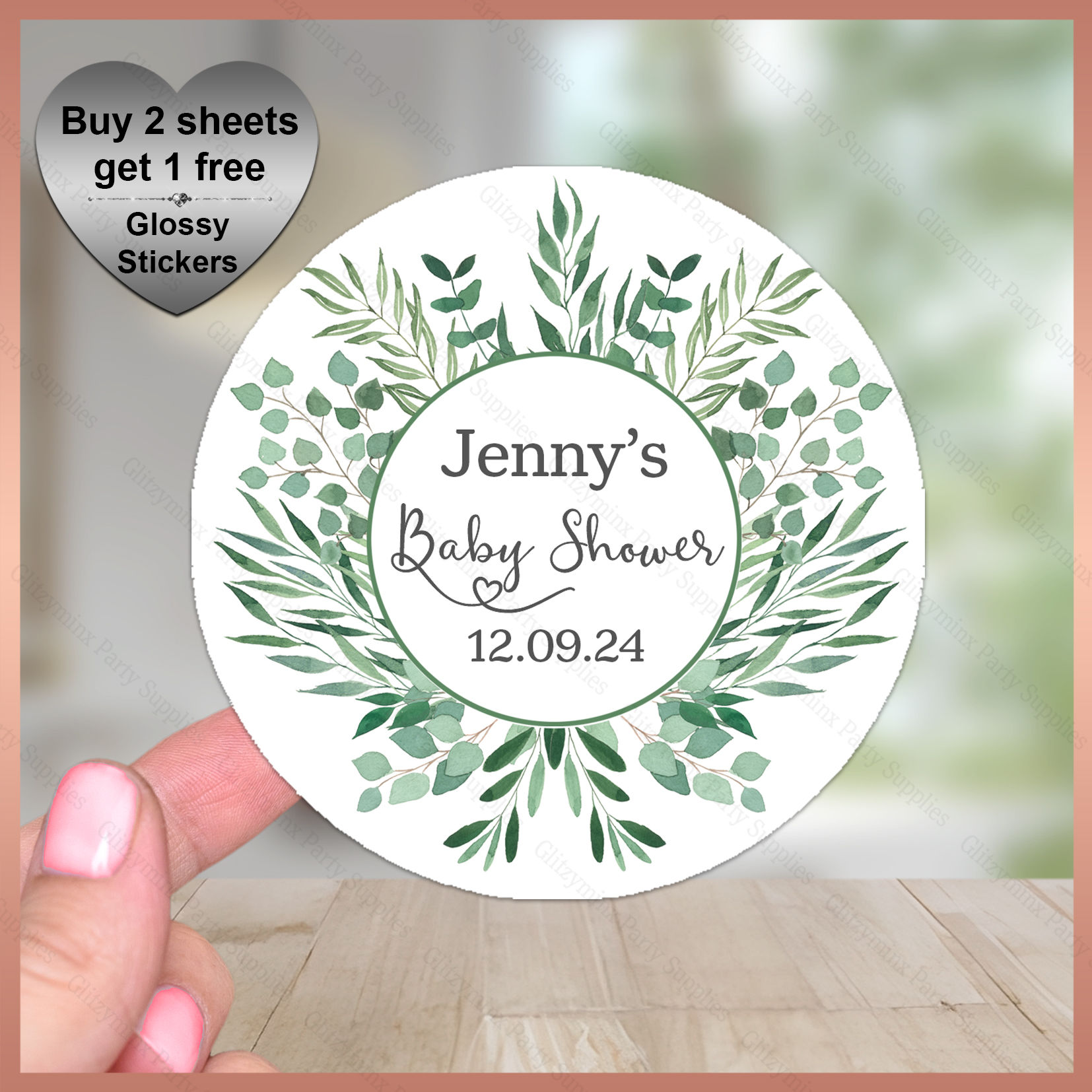 Personalised Stickers - Eucalyptus - Baby Shower Labels