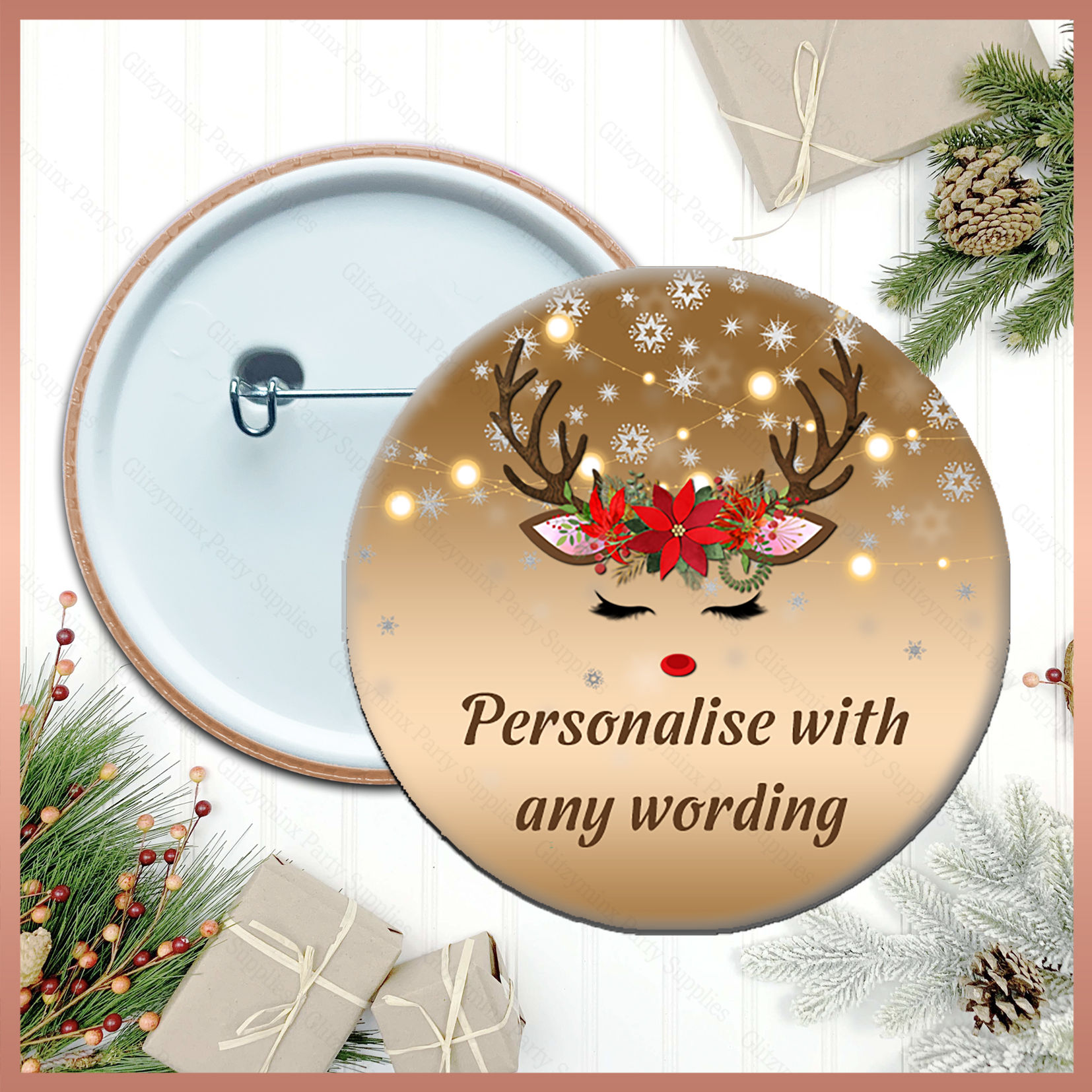 1 x Personalised Pin Badge - Gold Reindeer - Christmas Name Badge