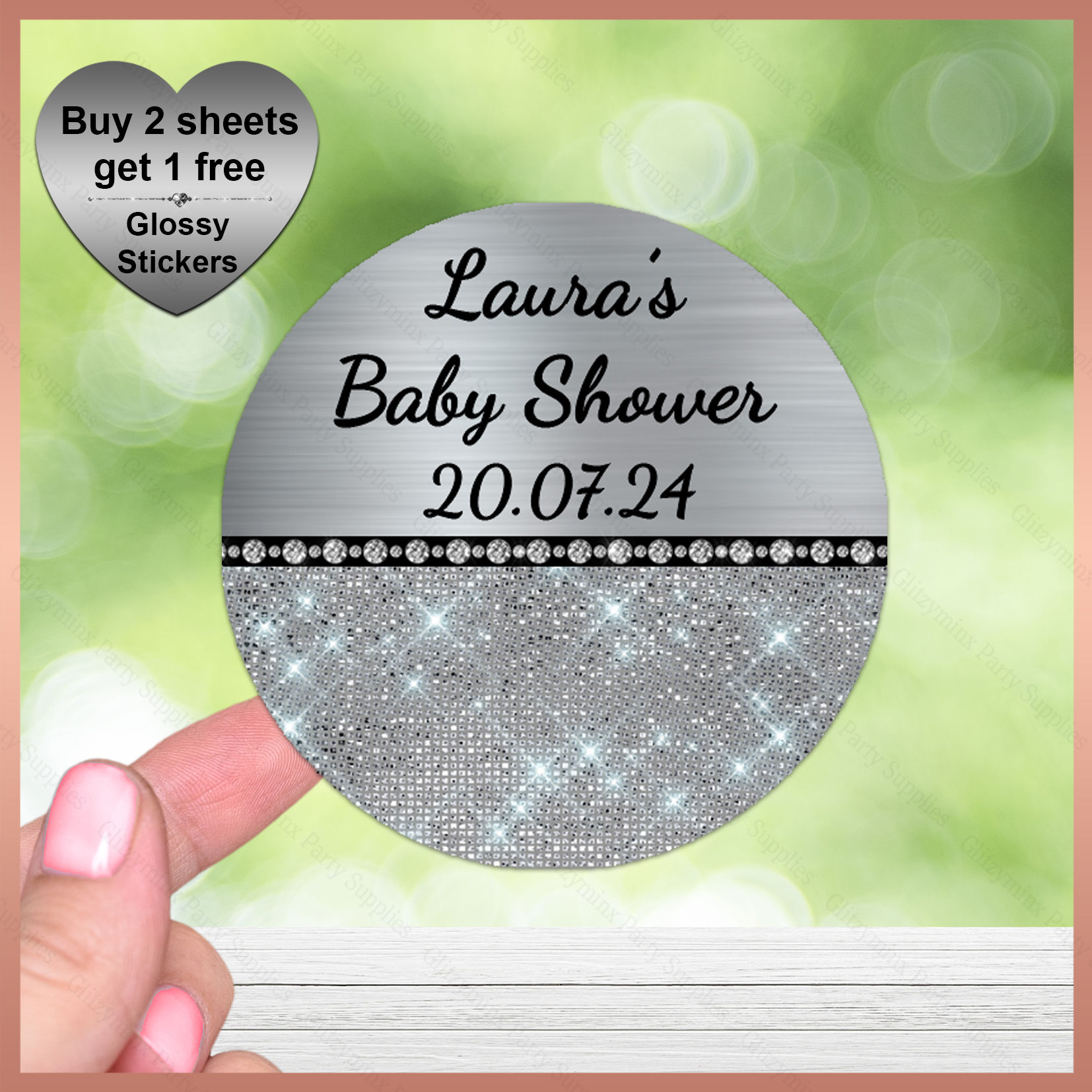 Personalised Baby Shower Glitz Stickers Labels