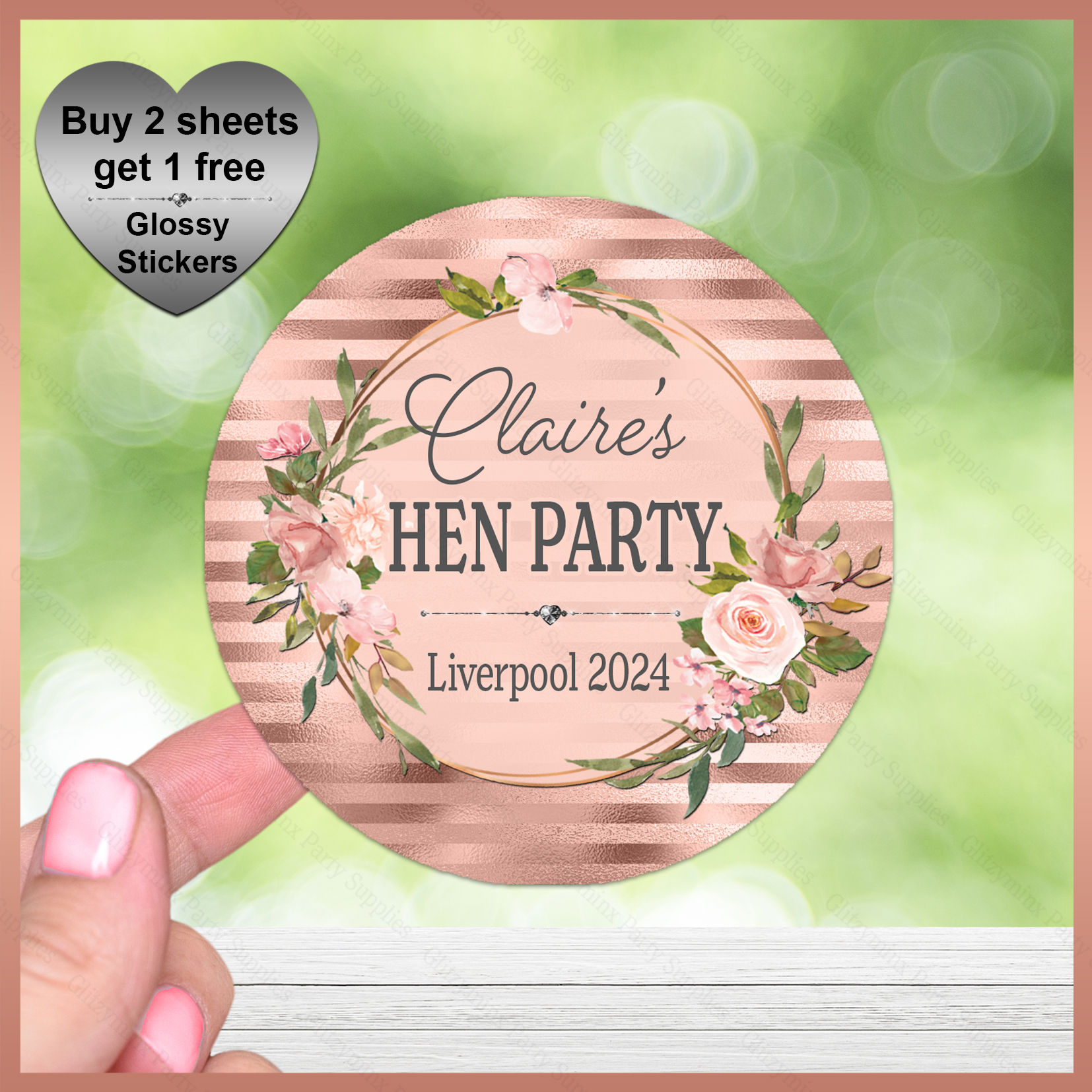 Personalised Striped Floral Stickers - Hen Birthday Party