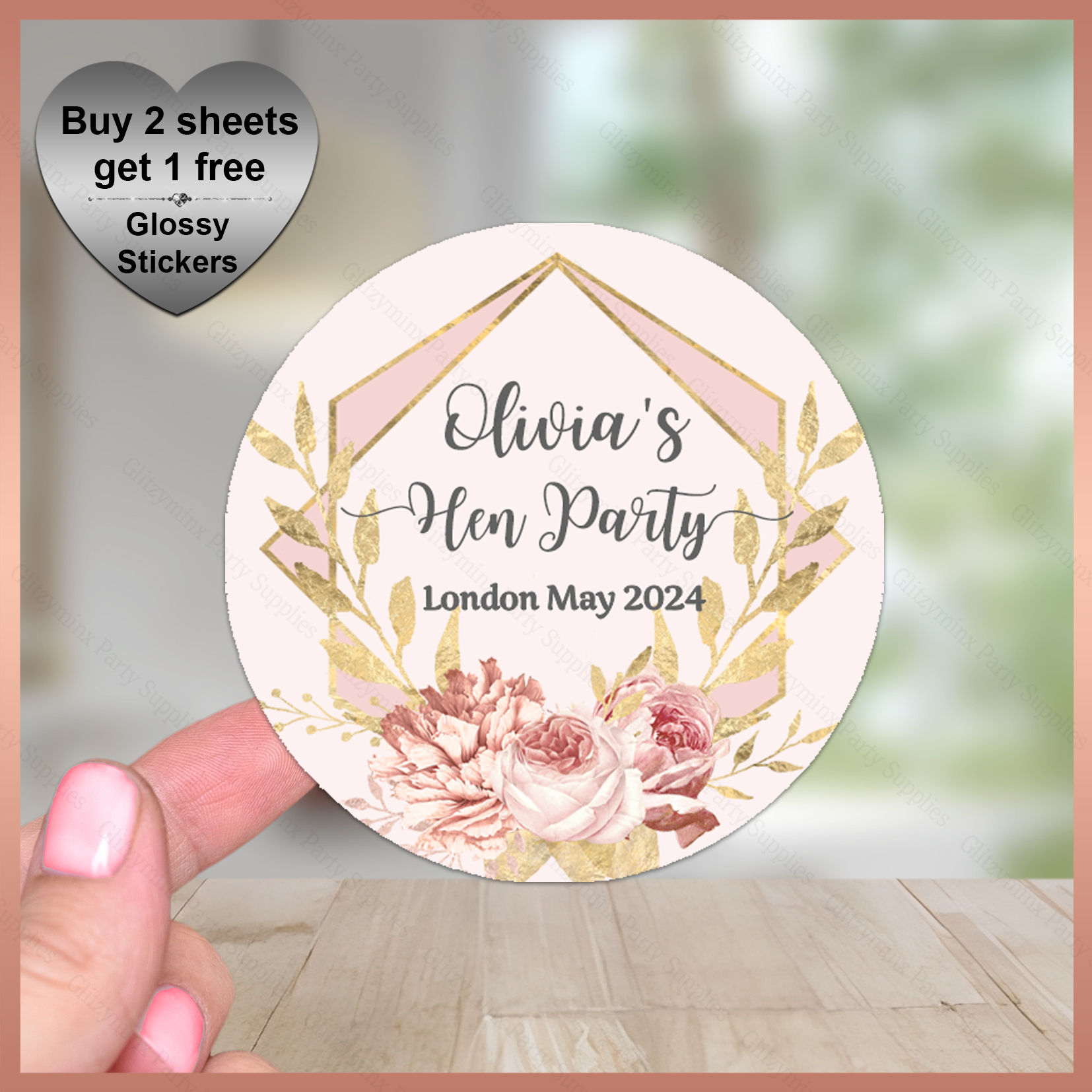 Personalised Floral Frame Stickers - Hen Birthday Party Labels