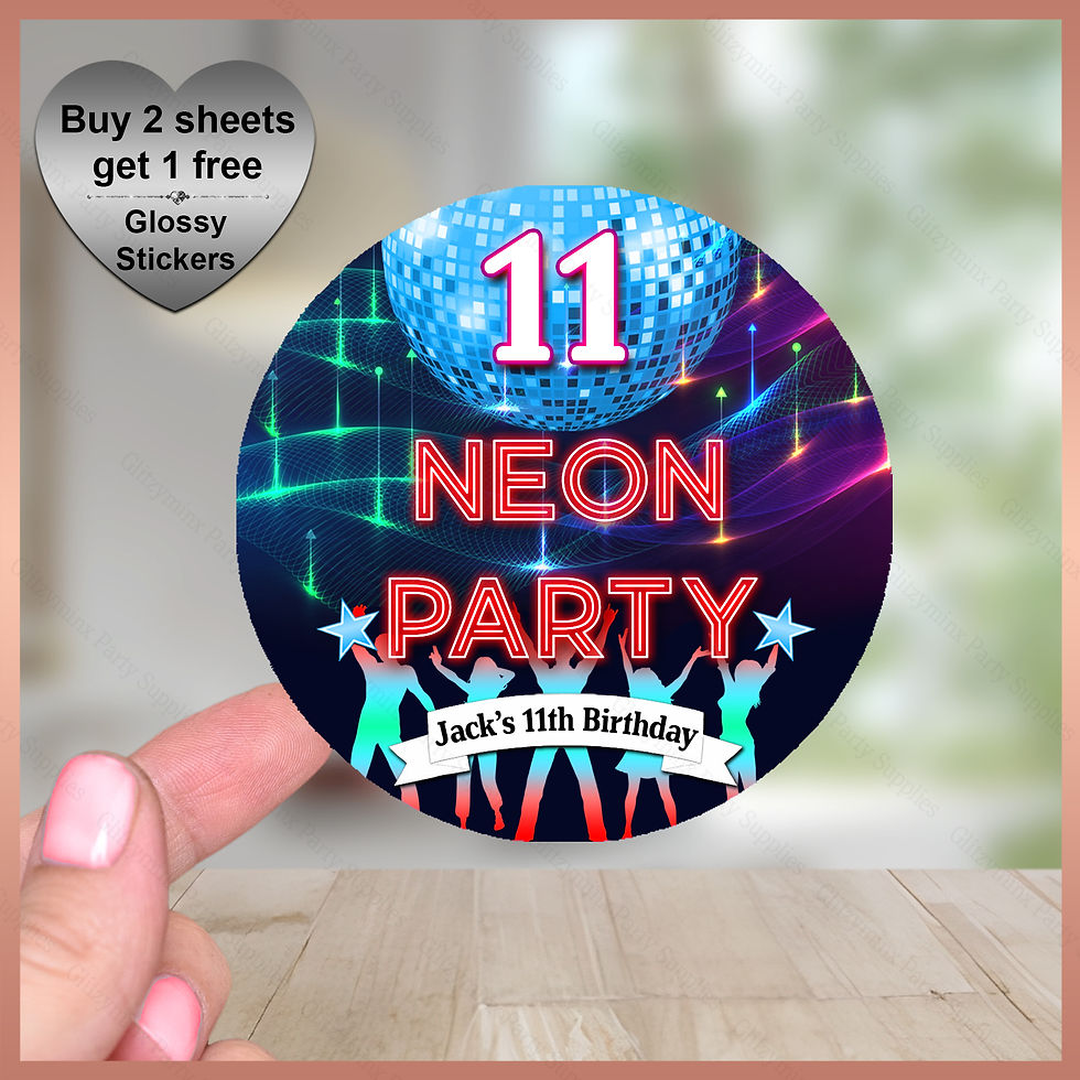 Personalised Glow or Neon Birthday Party Stickers Labels - Red / Blue