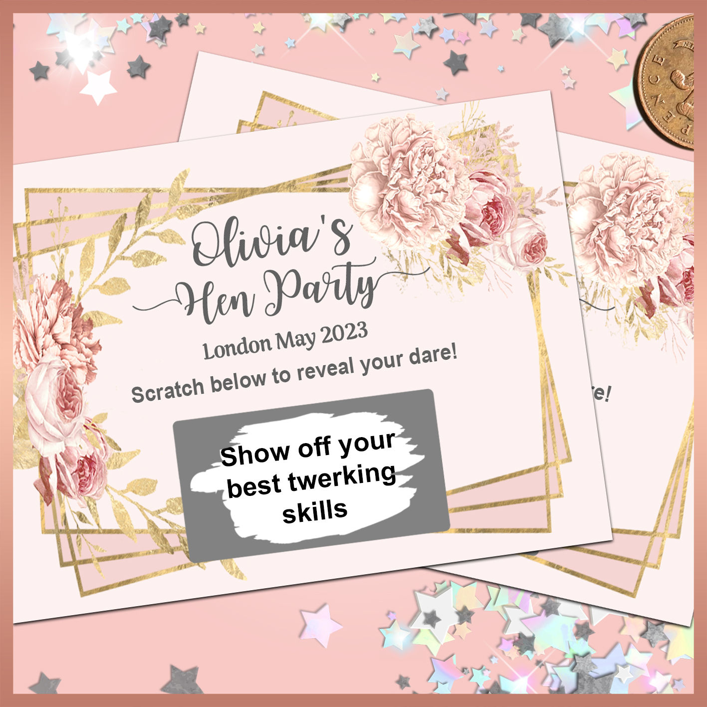 10 x Personalised Floral Frame Dare Scratch Cards - Birthday Hen Party