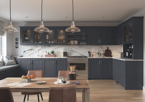 Wignall’s Kitchens – Bathrooms – Bedrooms -  Newton Abbot –  Grey  shaker cabinets and white worksurface, marble effect splash back under wall cabinets - M