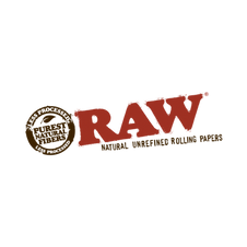 RAW Logo: Roter, fetter Schriftzug, oft mit einem Hanfblatt-Symbol, Hersteller von ungebleichten und natürlichen Zigarettenpapieren (Papers).
