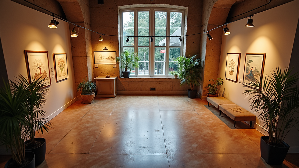 High angle view of a well-decorated event space with community art displays