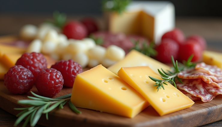 Close-up view of a curated cheese and charcuterie board with balanced colors and textures