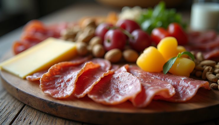 Eye-level view of a charcuterie board with balanced portions of meats, cheeses, nuts, and fruits arranged for sharing