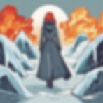A drawing of a woman in a long coat walking on ice towards flames in the background