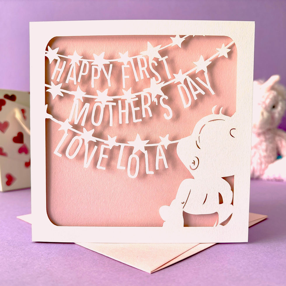 Thumbnail: White laser cut First Mother's Day card, featuring baby and personalised bunting.  With a light pink paper insert.