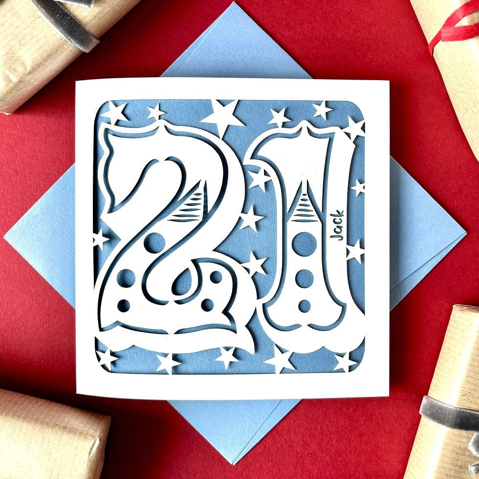 White laser cut 21st birthday card. Big number 21 in circus style font, personalised, with a blue paper insert.