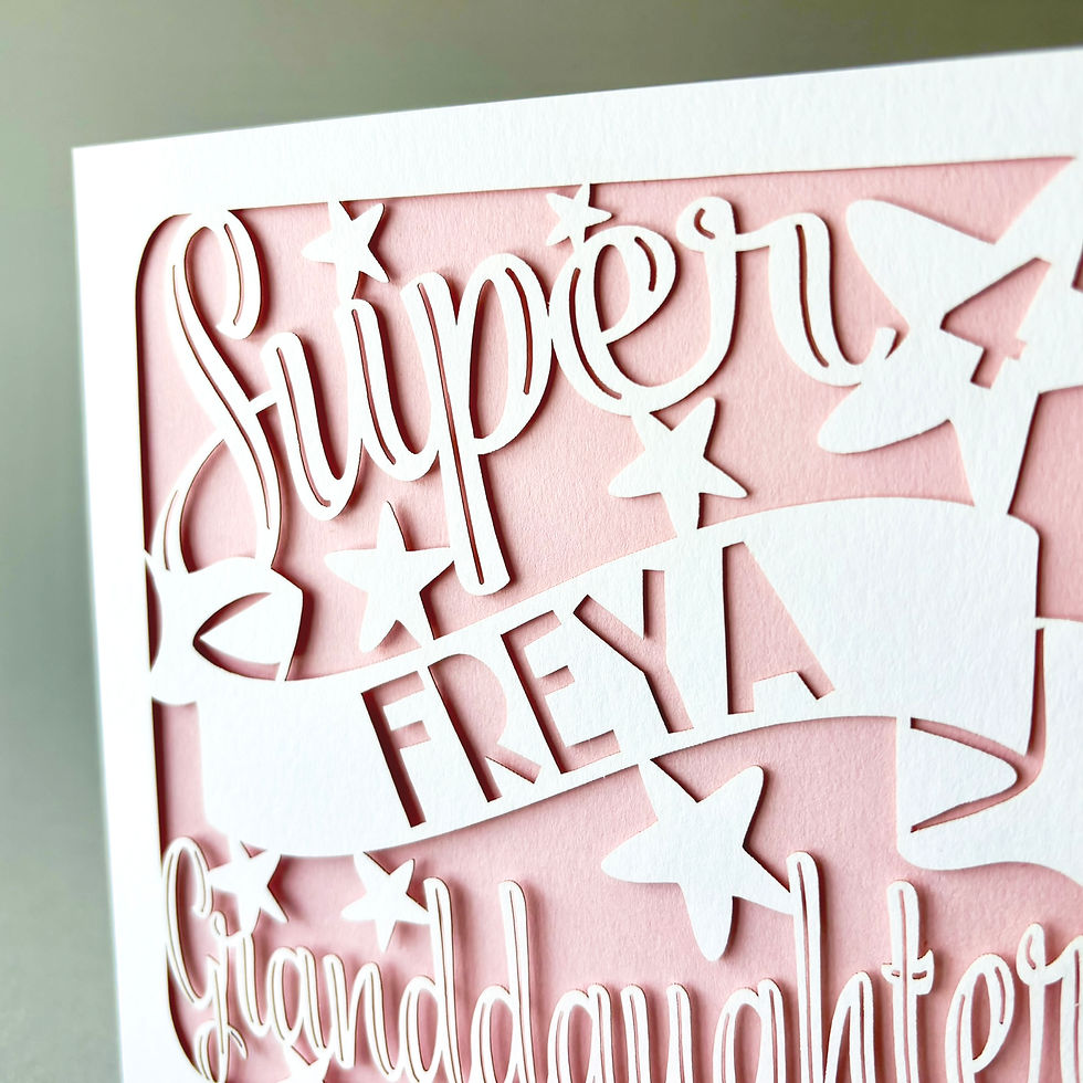 Thumbnail: White laser cut granddaughter birthday card, typographic layout with stars and banner, with a pink paper insert.