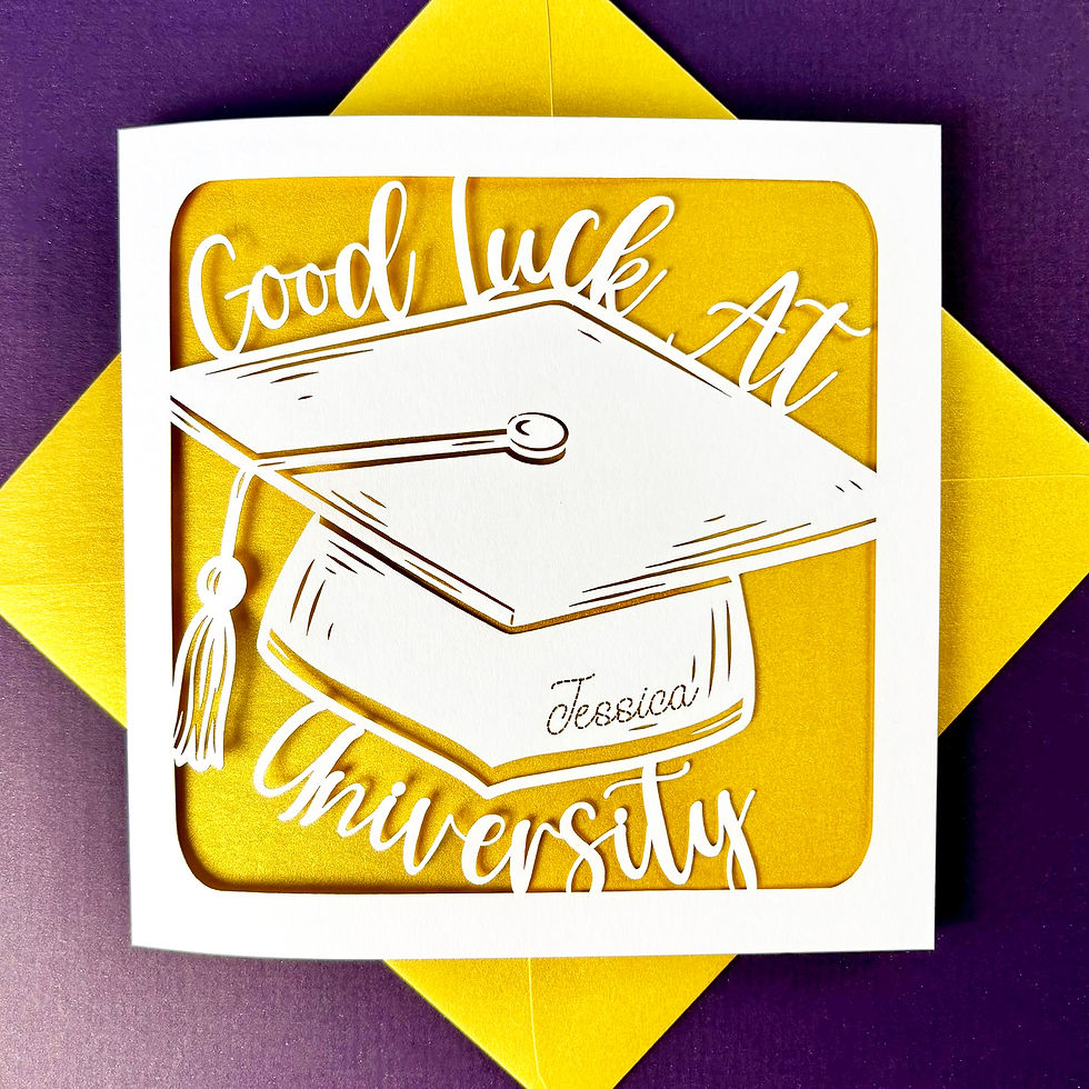 White square personalised laser cut good luck at university card, featuring a mortar board and a gold paper insert.