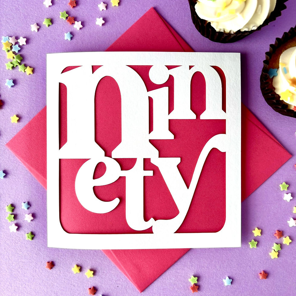 White laser cut 90th birthday card, the word 90 written in modern serif font in fun layout, with a pink paper insert.