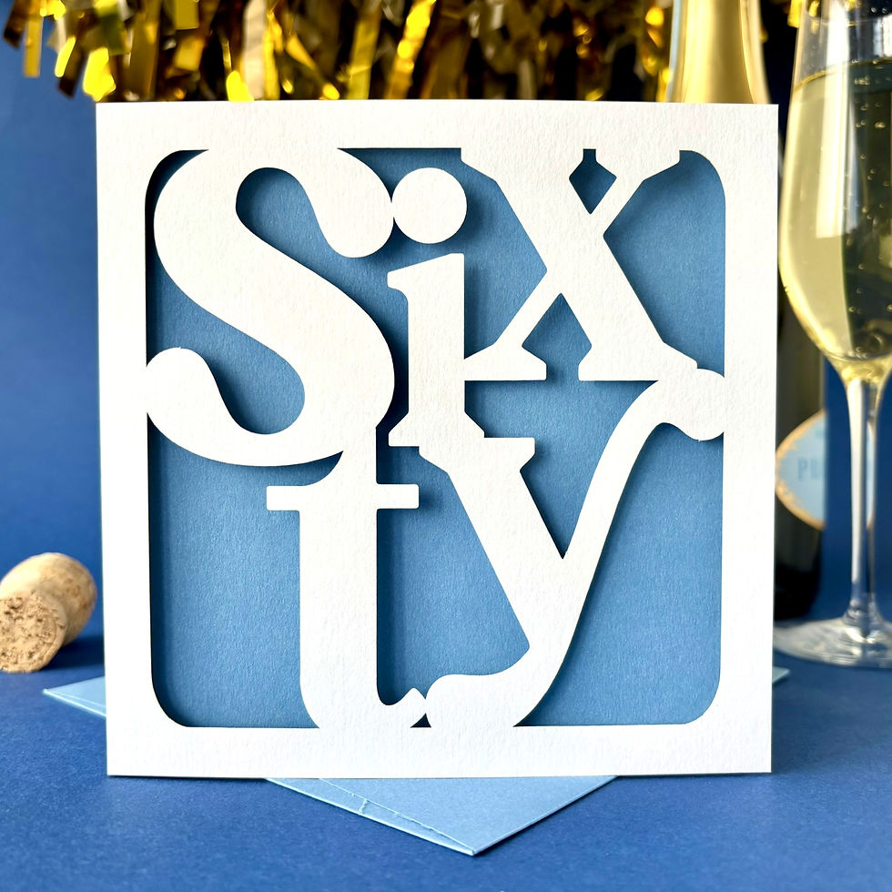 White laser cut 60th birthday card, the word 60 written in modern serif font in fun layout, with a blue paper insert.