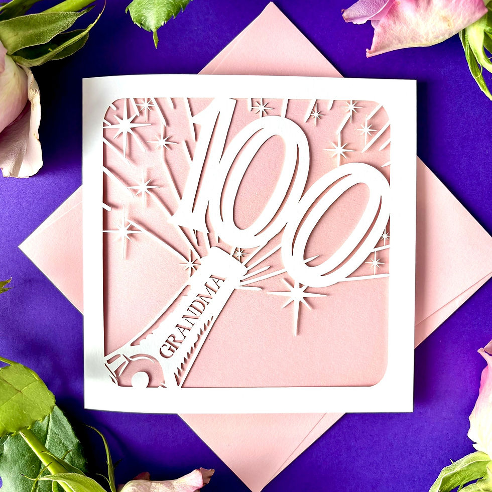 White laser cut 100th birthday card. Champagne bottle, exploding with number 100, personalised, with a pink paper insert.