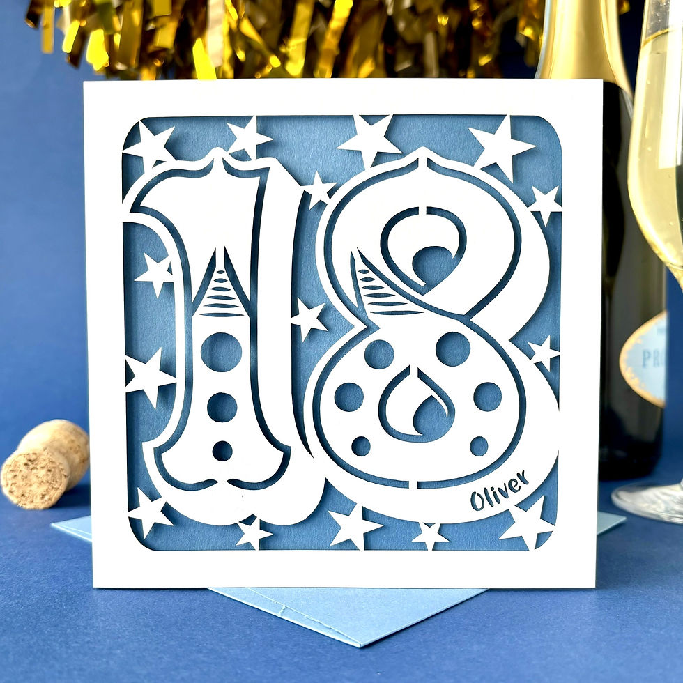 White laser cut 18th birthday card. Big number 18 in circus style font, personalised, with a blue paper insert.