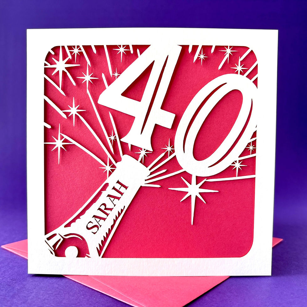 White laser cut 40th birthday card. Champagne bottle, exploding with number 40, personalised, with a pink paper insert.