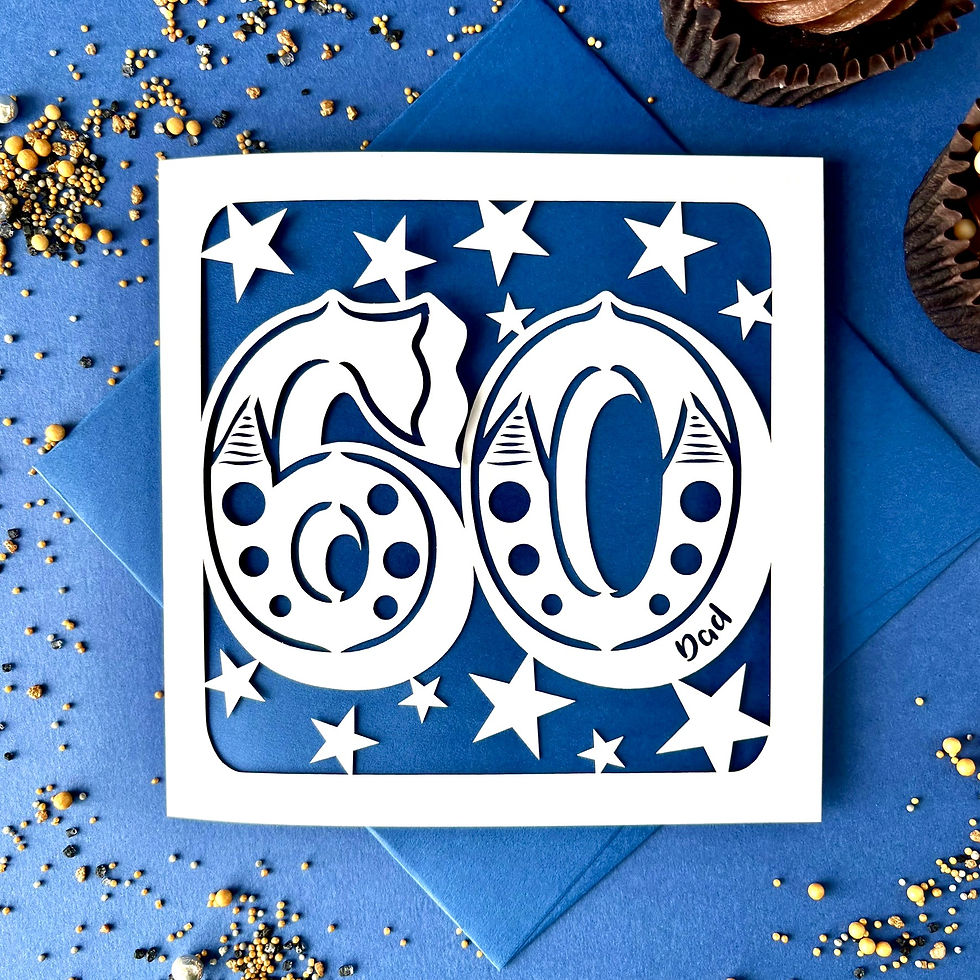 White laser cut 60th birthday card. Big number 60 in circus style font, personalised, with a blue paper insert.