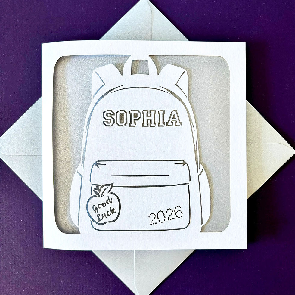 White square laser cut personalised good luck card for starting school, featuring a backpack and a silver paper insert.