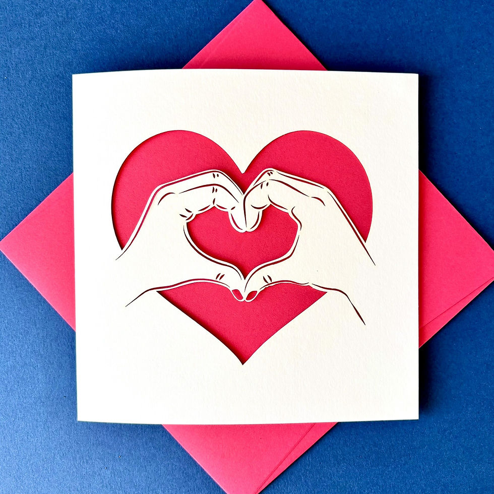 Thumbnail: White laser cut love card for valentine's or anniversary, silhouette of hands making a heart shape, with a pink paper insert.