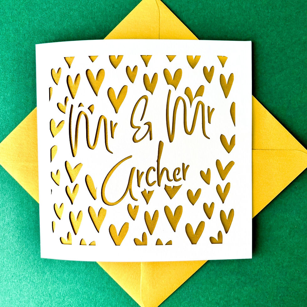 Thumbnail: White laser cut gay wedding card, personalised with 'Mr & Mr Archer' and hearts pattern, with a gold paper insert.