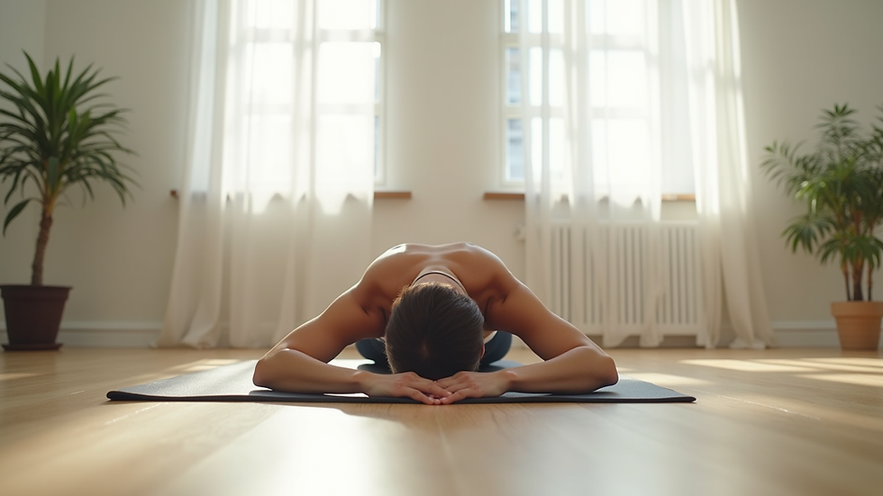 Eye-level view of a person doing gentle back stretches in a bright room