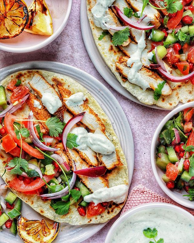 Chicken Shawarma with flatbreads, salad and yogurt dressing