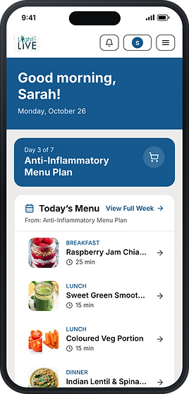 Light2Live app dashboard showing today’s menu