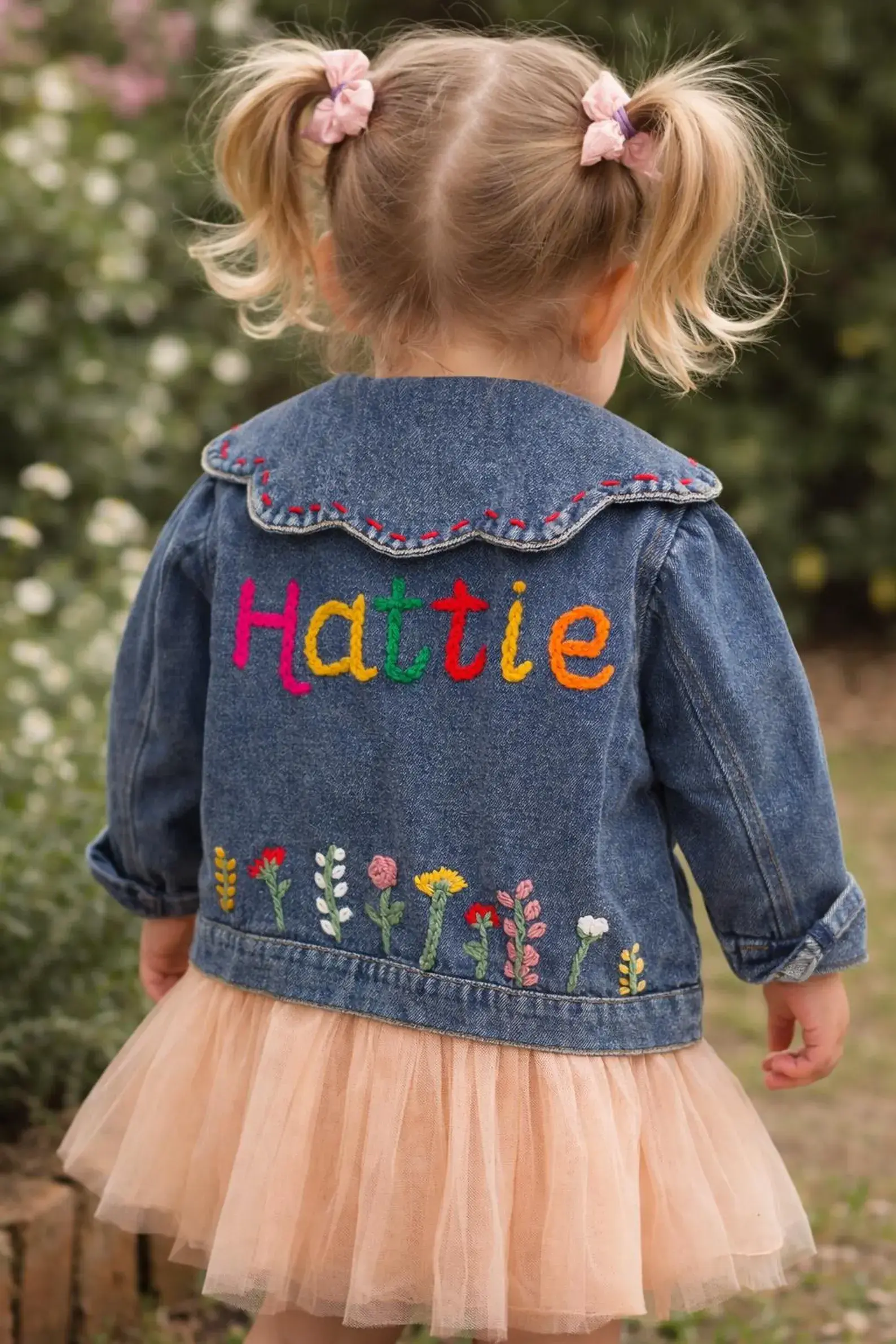 Personalised Floral Rainbow Flower Garden Girls Ruffled Summer Denim Jacket