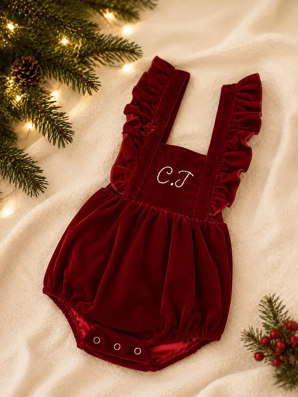 Thumbnail: Personalised Baby Christmas Romper | Red Velvet Baby Girls Christmas Day Outfit 