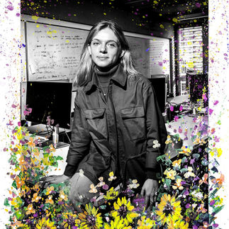 Colorful artwork by Yuri Catania for the 'Play Your Future' campaign at USI, featuring a black-and-white portrait overpainted with vibrant colors representing student growth and faculty identity.
