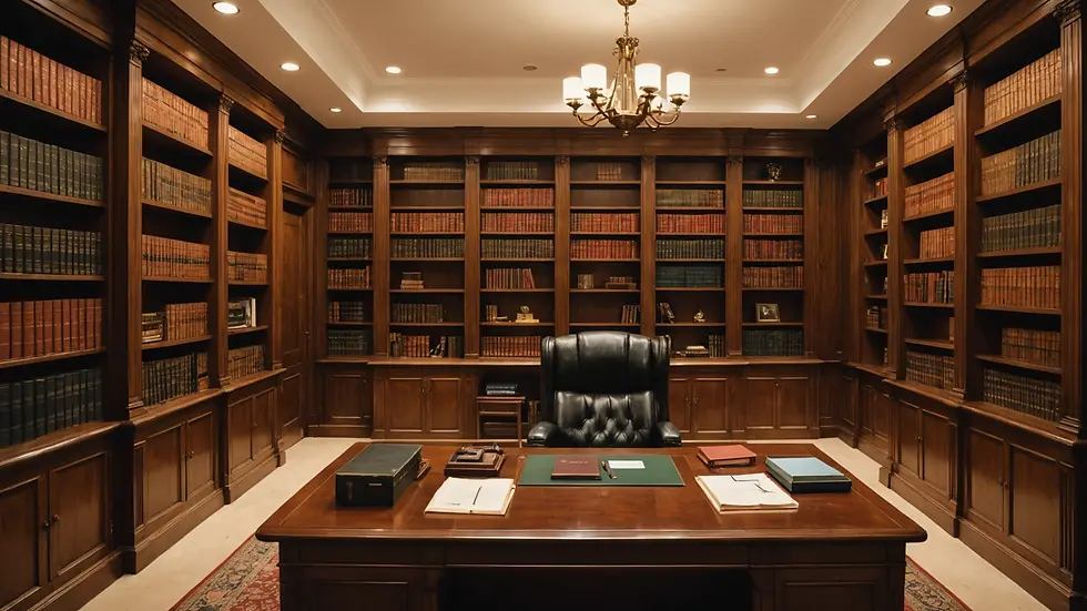 Wide angle view of a legal office with bookshelves and law resources